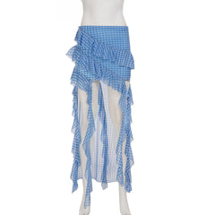 Cyflymder Women's Elegant High-Low Ruffled Skirt Asymmetrical Blue Plaid Design Flowy Lightweight Fabric with Tiered Frills Summer