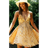 Cyflymder Yellow Floral Mini Dress Summer New Vintage Sexy Strappy Women Dress Sleeveless Ruffles V-neck LadiesFemale Dress New