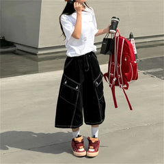 Cyflymder Summer Women's Big Pocket Wide Leg Cropped Black Pants Cool Girl Calf-length Trousers Female High Waist Loose Retro Capris Pant