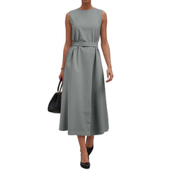 Cyflymder Women Elegant Sleeveless Long Dress Drawstring High Waist Crew Neck Casual Dress Office Lady Business Solid Color Party Dress