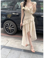 Cyflymder Fairy Floral Chiffon Sling Dress Women Summer Flying Sleeve Ruffle Waist Irregular Long Dresses Sweet Print Beach Robe