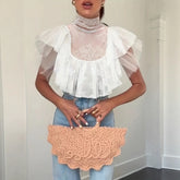 Cyflymder New short top turtleneck lace mesh lace perspective cascade splicing sexy T-shirt