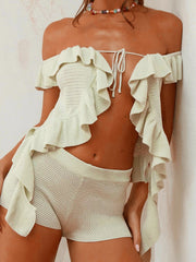 Cyflymder Stylish 2-Piece Set Off-Shoulder Crop Top with Ruffles and High-Waisted Elastic Shorts for Chic Summer Street Style