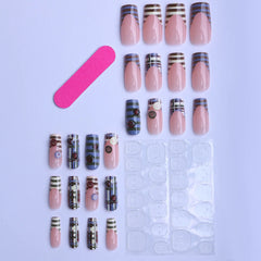 Cyflymder 24pcs Vintage French Style Stripes Press On Nails Cartoon Ladybug Button Designs Coffin False Nails Blue Brown Plaid Fake Nail