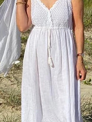 Cyflymder V-neck Lace Patchwork Holiday Dress Fashion Suspender Sleeveless Summer Bohemian Dress Elegant Women's Solid Pleated Beach Dress