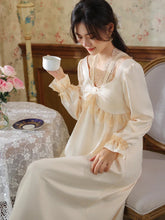 Cyflymder Women Long Sleeve Pajamas Ladies Spring Vintage Princess Lace V-Neck Ice Silk Nightdress with Chest Pads Home Clothes Sleepwear