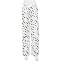 Cyflymder Women's Casual Cartoon Print Elastics Knitted Pants Fashion Straight Leg Full Length Loose Trousers Homewear Bottoms New Summer