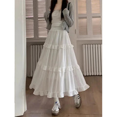 Cyflymder Sweetwhitecake Slimming High-Waisted A- Line Skirt For Women Medium-Length Wood-Ear Edge Joining Summer Autumn Season