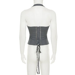 Cyflymder Women Slim Cross Lace Up Halter Tank Tops Front Zipper Sexy V-neck Sleeveless Backless Bandage Corset Vests Matching Tees