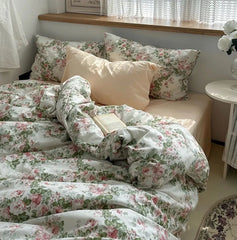 Cyflymder Romantic green pink flower bedding set,twin full queen fresh fashion floral cotton home textile sheet pillow case quilt cover