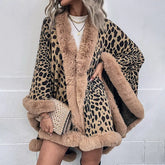 Cyflymder Winter Warm Fur Collar Cape Cardigan Leopard Shawl Sweater for Women Jacekts Long Sleeve Coats Phonchos Cloak knitted Outwear