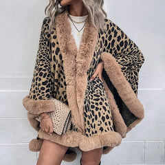 Cyflymder Winter Warm Fur Collar Cape Cardigan Leopard Shawl Sweater for Women Jacekts Long Sleeve Coats Phonchos Cloak knitted Outwear