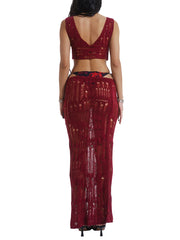 Cyflymder Women Summer Outfits Solid Color Sheer Bandage Knit Tank Tops and Elastic Low Waist Long Skirt Set Clubwear