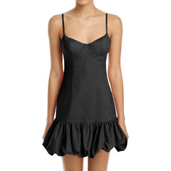 Cyflymder Women's Spaghetti Strap Bubble Mini Dress Solid Color Sleeveless Backless Puffy Short Cami Dresses for Party Nightclub Vestidos