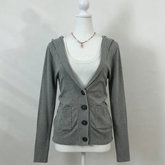 Cyflymder Women Y2K Hooded Knit Cardigan V‑Neck Single Breasted Long Sleeve Pocket Slim Fit Vintage Knitted Sweater Coat Fall Casual