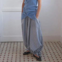 Cyflymder Womens Vintage Y2k Plaid Long Bloomers Mid Rise Loose Fit Bow Tie Hem Drawstring Pants Fashion Streetwear