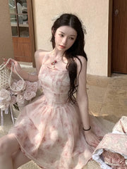 Cyflymder Korean-style slimming pink rose chiffon halter neck dress Chiffon Print Dress Women Retro Sweet Spaghetti Strap Corset Dress