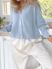 Cyflymder Ladies Classic Knit Cardigan with V Neckline Long Sleeves and Button Closure - Stylish Cropped Sweater for Autumn Casual Wear