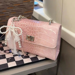 Cyflymder Hot Girl Sweet Bow Handbag Women Premium Crocodile Texture Leather Shoulder Bag Ladies 2025 New Y2K Aesthetic Crossbody Purse