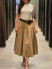 Cyflymder Retro Chic Women's Patchwork Dress Round Neck Sleeveless Belt Pleated Maxi Dress New Fashion Summer Holiday Dress