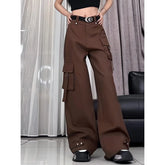 Cyflymder American Casual Cargo Pants Women's High Waisted Solid Color Pocket Wide Leg Pants Y2k Vintage Baggy Trousers Streetwear 622A