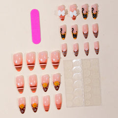 Cyflymder 24pcs Cute Cartoon Black Cat Press On Nails 3D White Bowknots Pumpkin Pattern False Nails Stripes French Style Almond Fake Nail