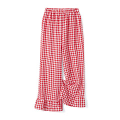 Cyflymder Elastic Waist Casual Ruffled Hem Wide Legs Pants for Women Summer Fall Plaid Loose Long Trousers for Streetwear Lounge Bottoms