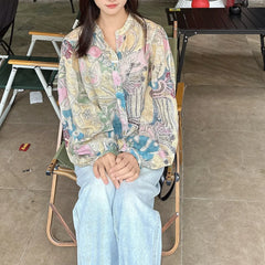 Cyflymder Vintage French Style Floral Shirt Blouse Painted Long Sleeves O-neck Bohemian Vocation Casual Ladies Women Shirt Tops