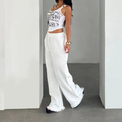 Cyflymder Casual White Basic Elastics Waist Fringed Woven Pants Women All Match Commuting Style Straight Full Length Trousers Fashion New
