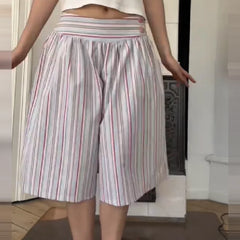Cyflymder Women's Casual Multicolor Striped Wide Leg Shorts High Waist Elastic Waistband Loose Fit Knee-length Culottes For Daily Wear