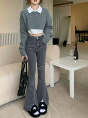 Cyflymder Autumn Split Pants Women Small Flared Design Black Gray High Waist Slimming Micro Flared Jeans New Style