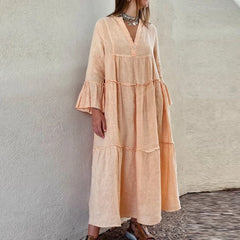 Cyflymder Simple Autumn Flare Sleeve Cake Party Dress Fashion Solid Loose Cotton Linen Dress Women Spring V Neck Button Pleated Long Dress