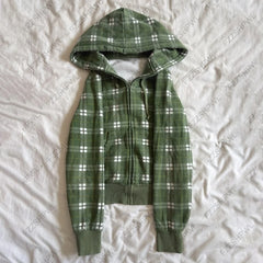 Cyflymder Women Green Plaid Zip Hoodie, Drawstring Hooded Jacket Soft Fleece Loose Long Sleeve Autumn Casual Street Outerwear