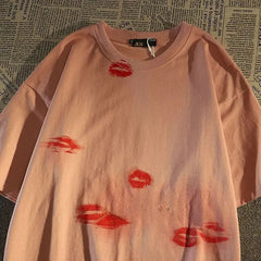 Cyflymder American Sle High Street Pure Cotton Retro Lip Print Embroidery ort Sve T-irt ex Loose Large Size Trendy Brand