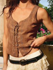 Cyflymder Elegant Floral Embroidered Sleeveless Blouse with Tie Bow Front and V Neckline Perfect for Summer Outfits