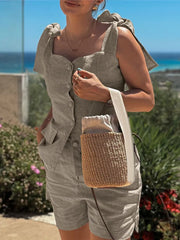 Cyflymder Linen Bow Strap Sweetheart Cami Top Mini Short Two Piece Set Summer Women Matching Outfit Daily Causal Lady Conjunto
