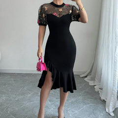 Cyflymder Sexy Mesh Spliced Women Fishtail Dress 2025 Stylish Jacquard Irregular Hem Midi Vestidos Evening Party Female Black O-Neck Dress