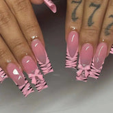 Cyflymder 24Pcs Long Square Head Press on Nails Pink Leopard Print French Design False Nails 3D Bow Detachable Full Cover Fake Nails Tips