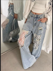 Cyflymder Summer Women's Large Hole Patchwork Lace Jeans High Waist Wide Legs Trousers Cool Girl Casual Bottoms Female Denim Pants