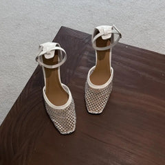 Cyflymder Clear Heels Breathable Square Toe Lace Denim Women's Beige Heeled Sandals Female Shoe 2025 Summer Stiletto Retro Black Girls Hig