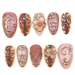 Cyflymder 24Pcs Autumn Almond Round Head Fake Nail with Cat's Eye Design Full Cover Oval Nail Tips Flower Moon Star Press on False Nails