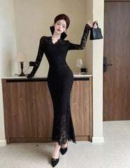 Cyflymder Elegant White Lace Dress Women's Autumn Winter Slim Fit Long Fishtail Dress Party