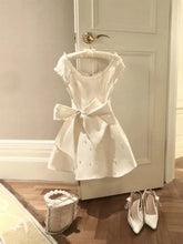 Cyflymder New French Elegant Sweet Style Vintage Dress Women Design Sense Pearl Bow Short Sleeve Dresses Aesthetic Fashion Party Clothing