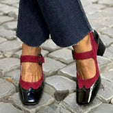 Cyflymder New Women's Red Black Mary Janes Shoes High Quality Leather High Heel Dress Shoes Square Toe Shallow Buckle Strap Women's Shoes