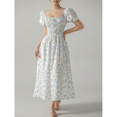 Cyflymder Summer Lightweight Comfortable Square Neck Puff Sleeve Floral Maxi Dress Elegant Slim Fit for Women