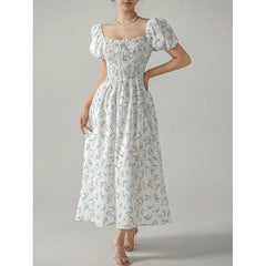 Cyflymder Summer Lightweight Comfortable Square Neck Puff Sleeve Floral Maxi Dress Elegant Slim Fit for Women