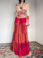 Cyflymder Women's Large Red Grid Splicing Splicing A-line Summer Thin Skirt Young Girl Vintage Female High Waist Loose Ankle-length Skirts