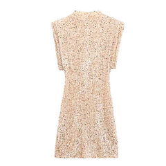 Cyflymder Fashion Draped Slim Short Dress Elegant O-neck Shiny Sequins Club Party Dress Women Sexy Sleeveless Solid Color Mini Dress
