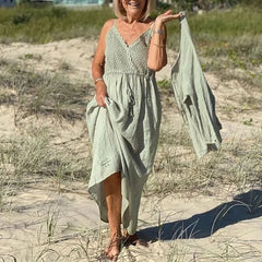 Cyflymder V-neck Lace Patchwork Holiday Dress Fashion Suspender Sleeveless Summer Bohemian Dress Elegant Women's Solid Pleated Beach Dress