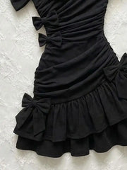 Cyflymder Y2K Sexy Black Off Shoulder Sweet Mini Dress Women Bow Ruched Bodycon Cute Ruffle Party Dresses New Streetwear Vintage Clothing